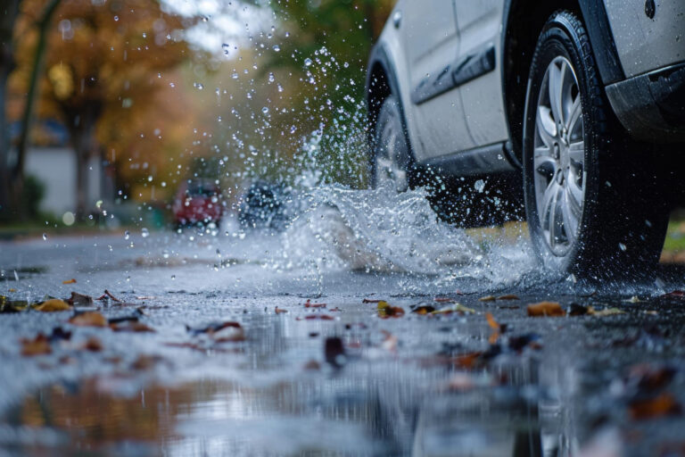 Zbliżenie na oponę samochodową rozpryskującą się w kałuży na mokrej ulicy, z unoszącymi się kroplami wody i jesiennymi liśćmi rozrzuconymi na ziemi. W tle widać rozmyte drzewa i zaparkowane samochody.