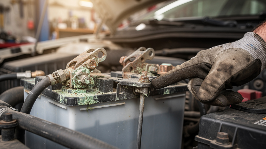 Skorodowane klemy akumulatora samochodowego