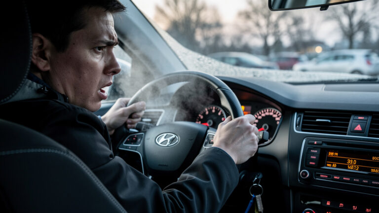 Osoba mocno trzyma kierownicę i wygląda na zmartwioną lub zaniepokojoną podczas jazdy samochodem Hyundai. Jej oddech jest widoczny w zimnym powietrzu, a na desce rozdzielczej znajdują się różne elementy sterujące i podświetlane wskaźniki.