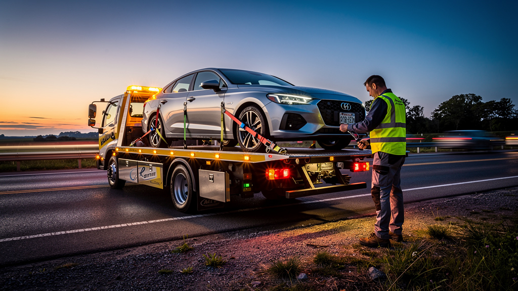 Laweta pomocy drogowej holująca samochód