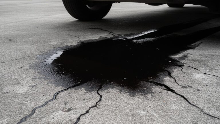 Duża, ciemna plama oleju jest widoczna na popękanym betonie pod zaparkowanym samochodem, co sugeruje możliwy wyciek oleju z pojazdu.