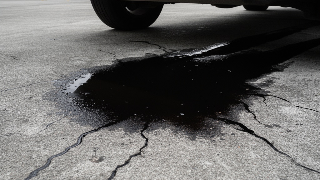 Duża, ciemna plama oleju jest widoczna na popękanym betonie pod zaparkowanym samochodem, co sugeruje możliwy wyciek oleju z pojazdu.