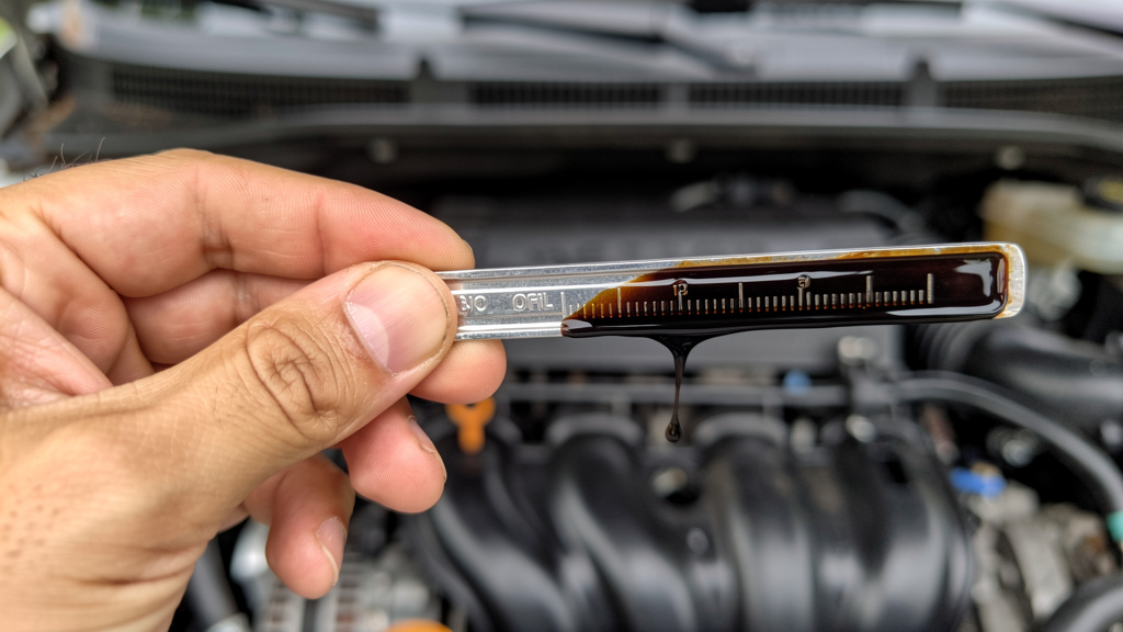 Ręka trzymająca bagnet z widocznym poziomem oleju silnikowego